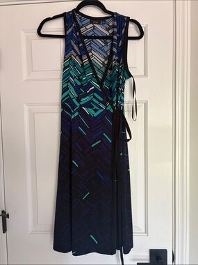 Apt. 9 Teal, Navy & Light Blue Geometric Wrap Dress size Medium
